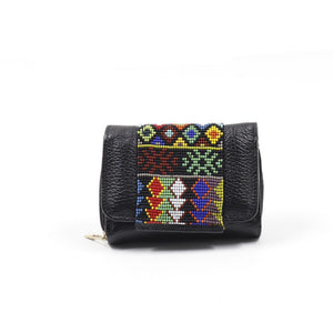 ck-60 cartera piel ternera con chaquira grecas artesanal
