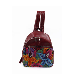 Mk-1335 back pack de piel con telar de huipil maya original