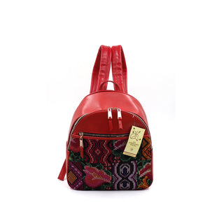 Mk-1335 back pack de piel con telar de huipil maya original