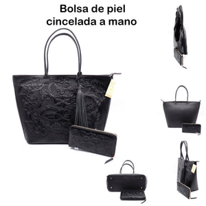 modelo 1001 bolsa y cartera cincelada a mano original en piel de ternera