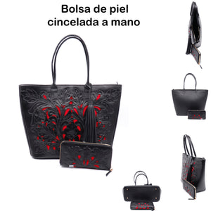modelo 1001 bolsa y cartera cincelada a mano original en piel de ternera